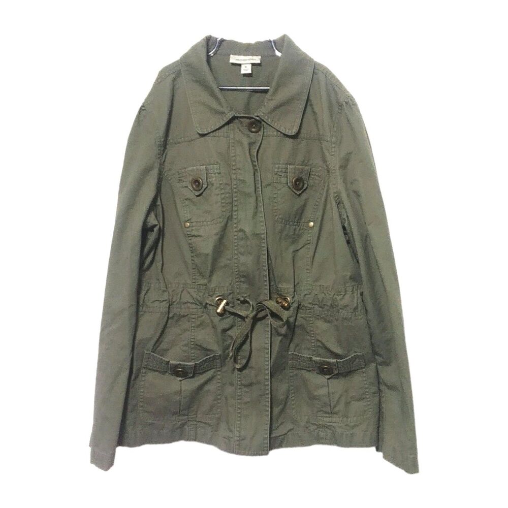 Dressbarn Womens M Green Cotton Drawstring Button Zip Casual Jacket Coat Utility